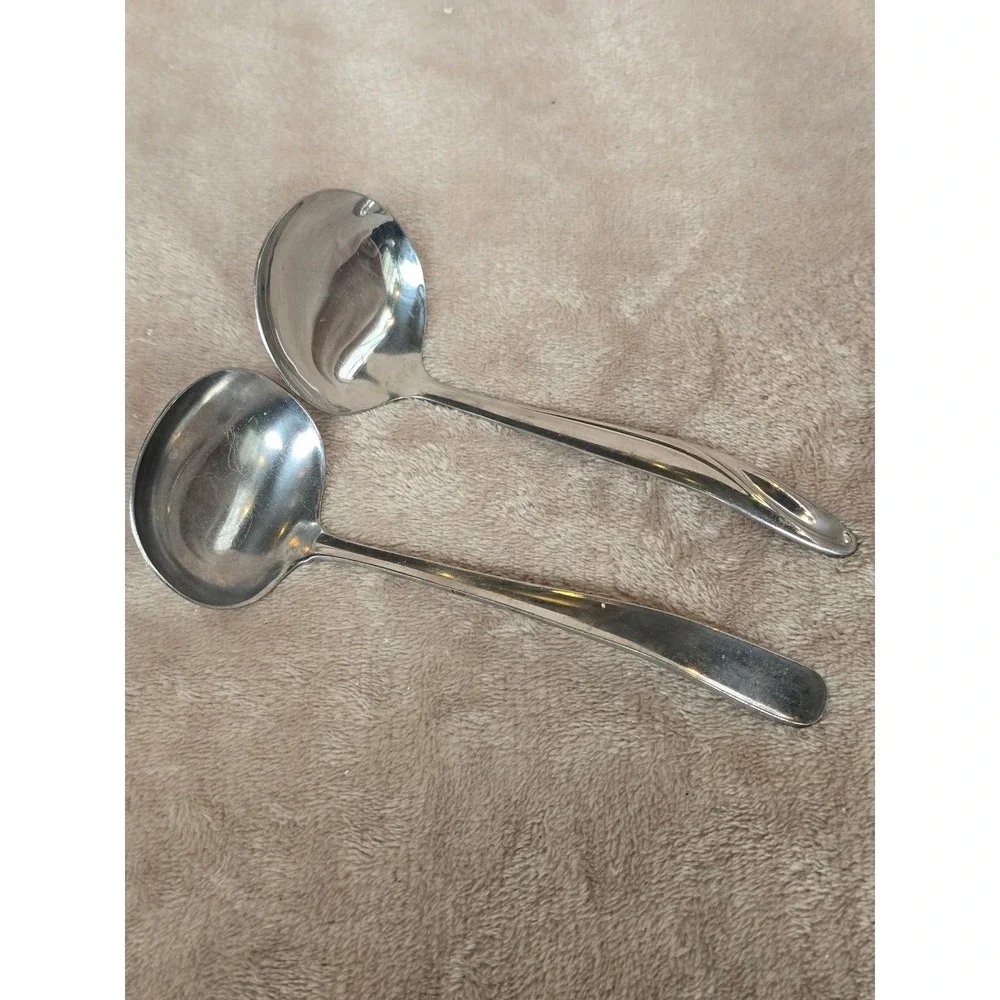 Vintage HIC Japan Stainless Steel Ladle Set 2pc Gravy Sauce Swirl Handle MCM